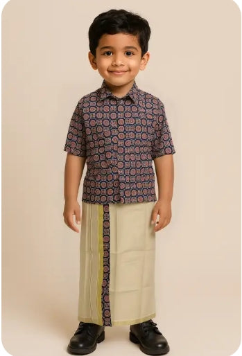 BOYS AJRAKH DESIGN SHIRT AND DHOTI